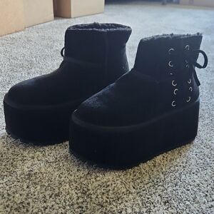 Dolls Kill Black Faux Suede Platform Ankle Boots with Lace-Up Back